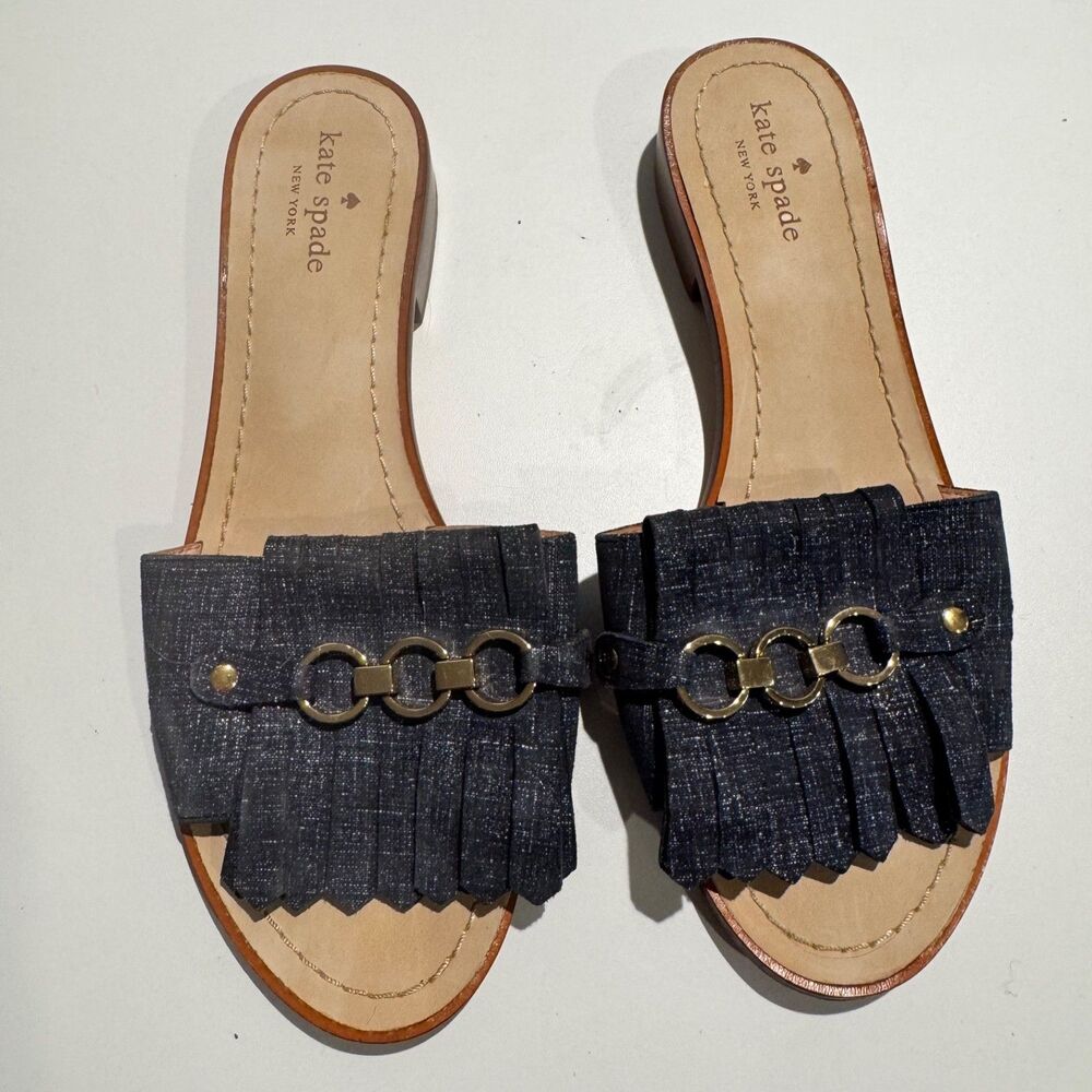 Kate Spade Brie Kiltie Blue Denim Slide Sandal Mule Womens  SZ 9.5